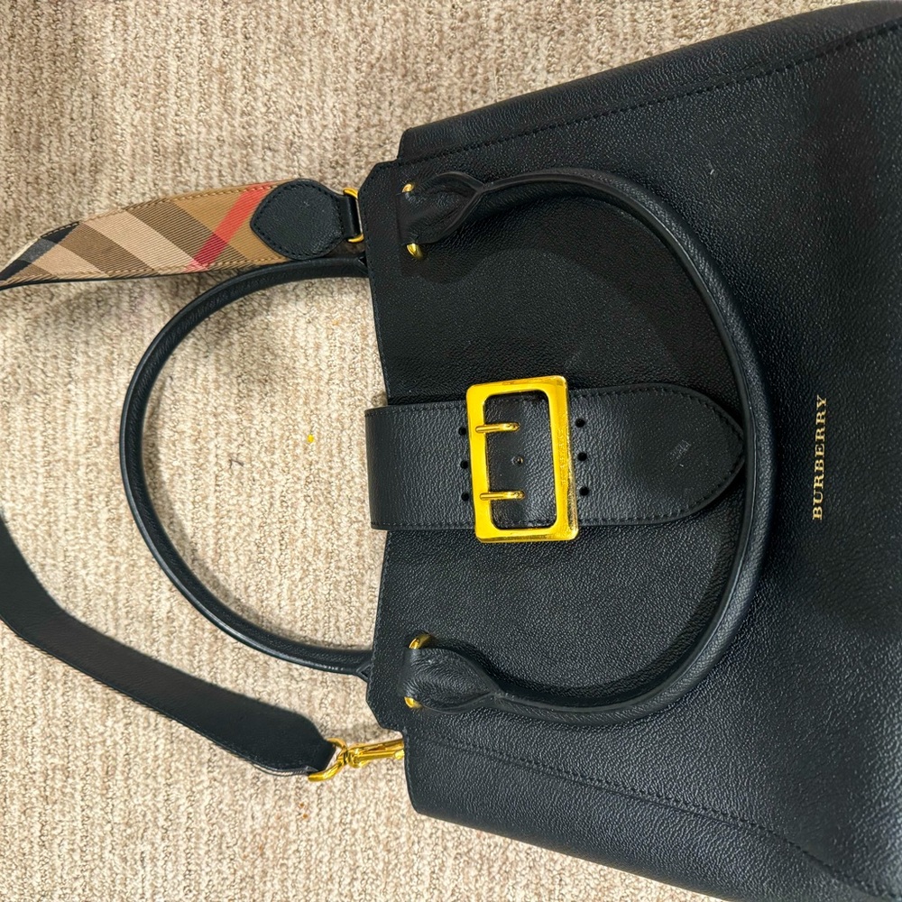 Burberry Black Leather Tote with Classic Check Strap and Gold Hardware